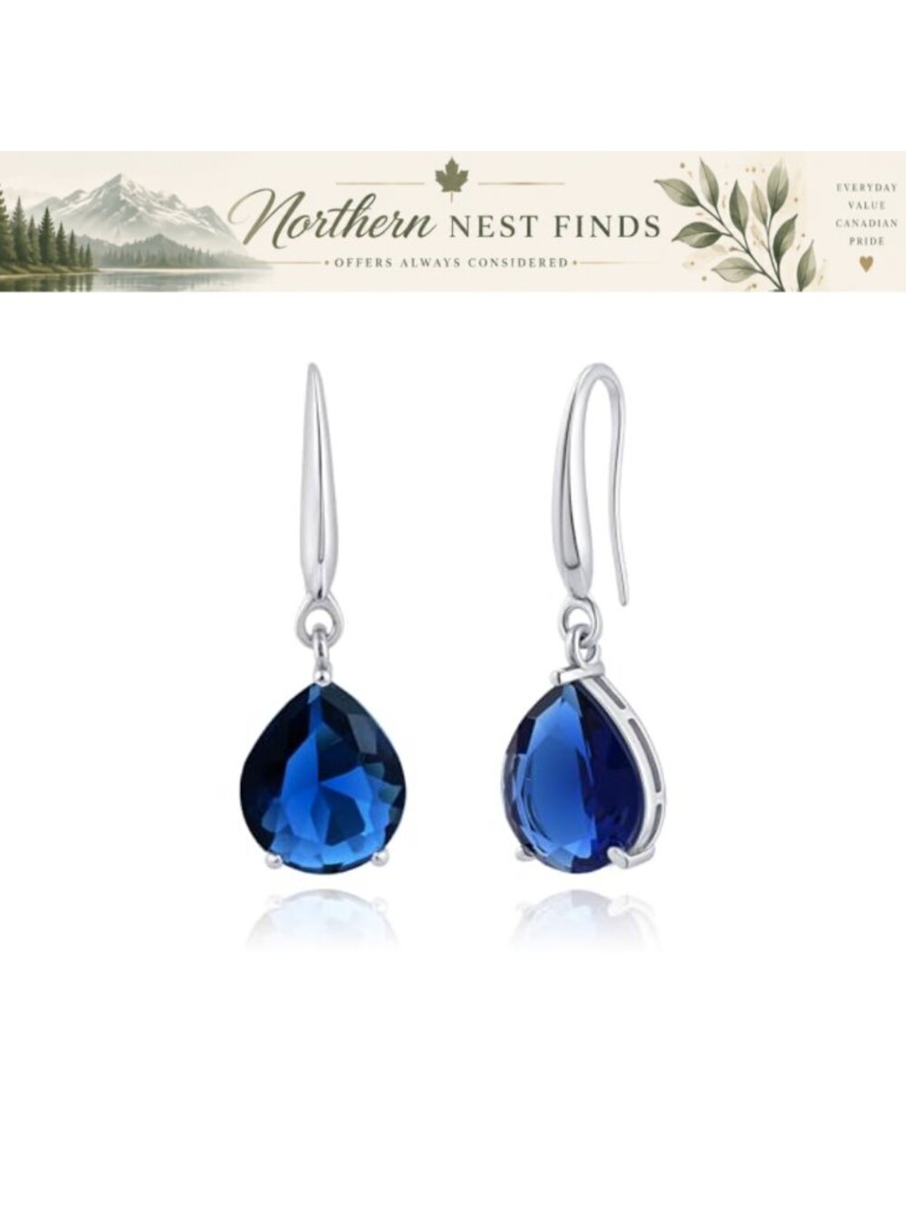 Silver Sapphire Teardrop Earrings Dangle Drop Hypoallergenic Gift for Women